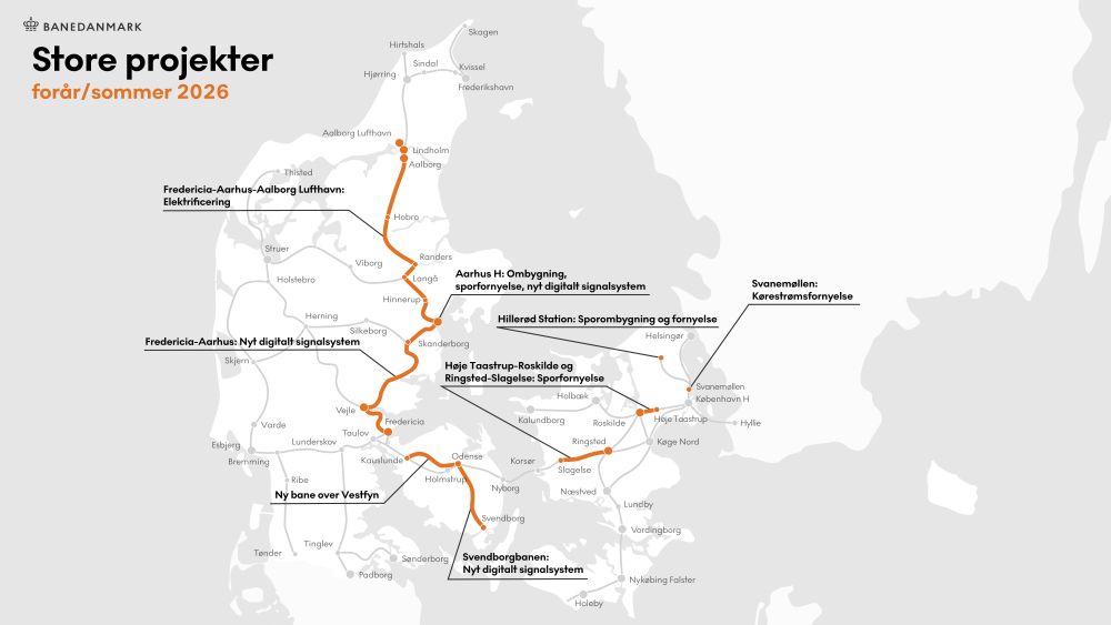 Danmarkskort med aktuelle større baneprojekter