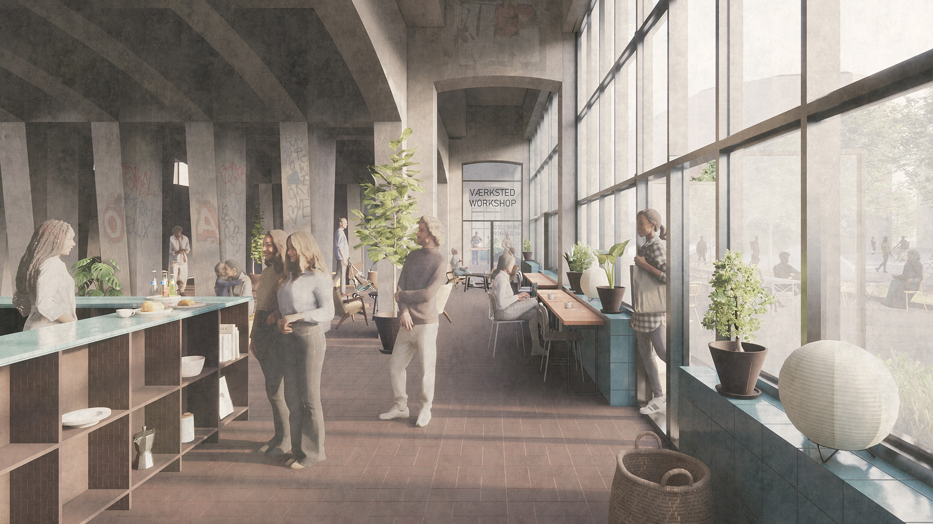 Visualisering af café i brobue Visualisering af brobuerne på Nørreport Station