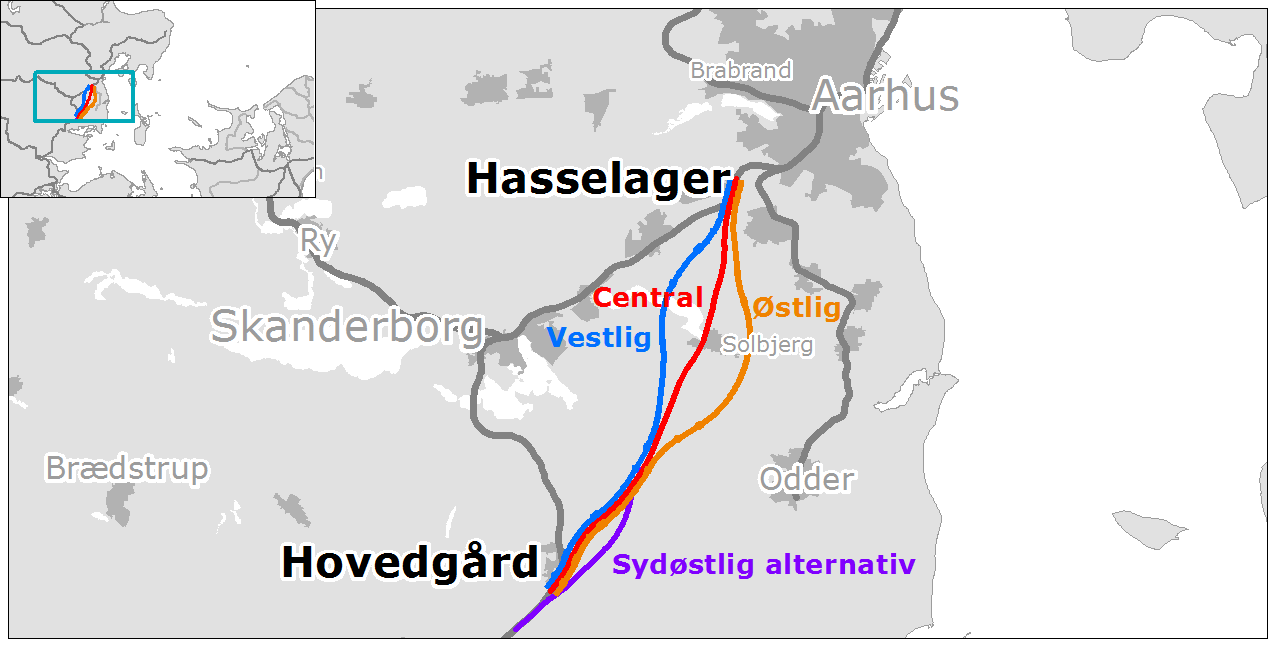 Kort over linjeføringsforslagene til Ny bane Hovedgård - Hasselager