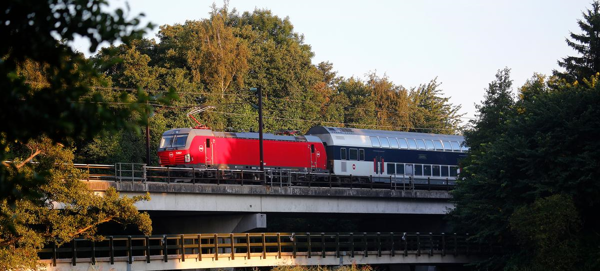 tog kører over sø i det grønne