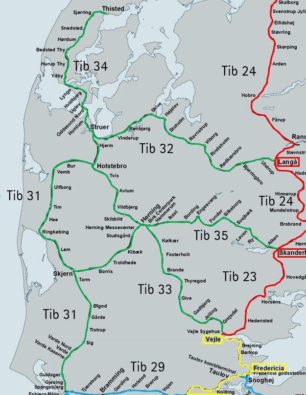 Dette billede viser, hvilke stationer og strækninger den lokale planlægger i Midt/Vestjylland dækker